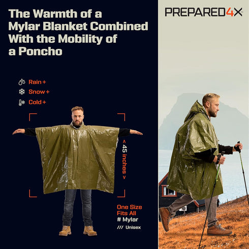 PREPARED4X Emergency Rain Poncho with Mylar Blanket Liner - Survival Blankets for Car - Heavy Duty, Waterproof Camping Gear...